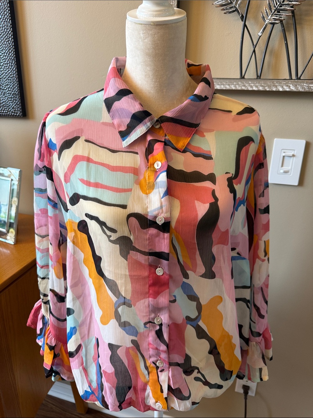 Abstract Print Button-Front Blouse in Pink Multi